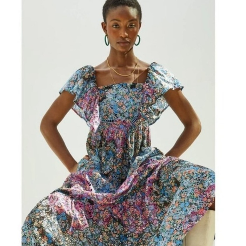Anthropologie, multi-colored, floral and embroidered, maxi dress, xs